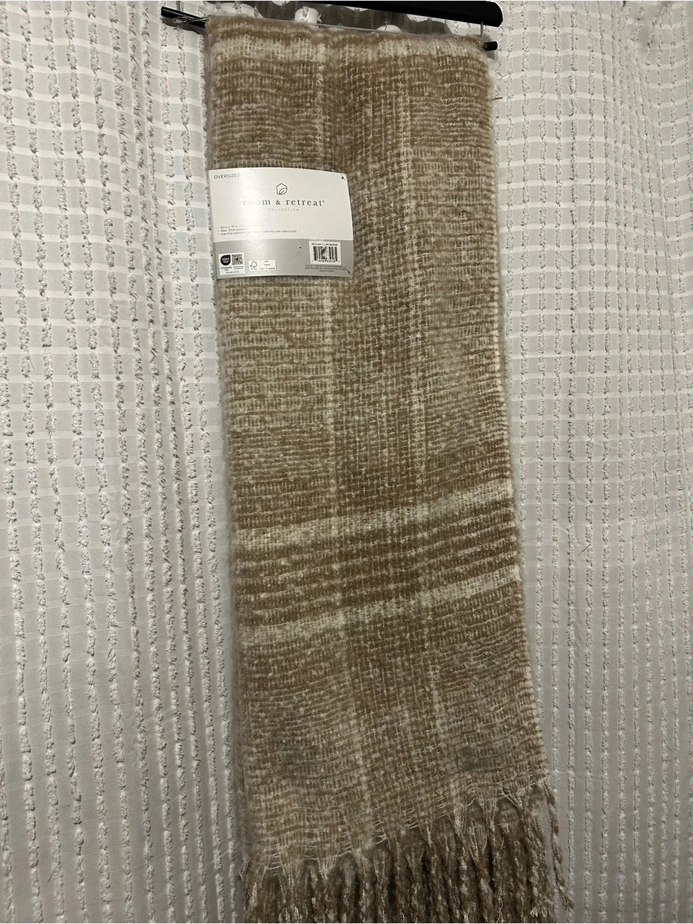 Tan Plaid Throw Blanket with Fringe